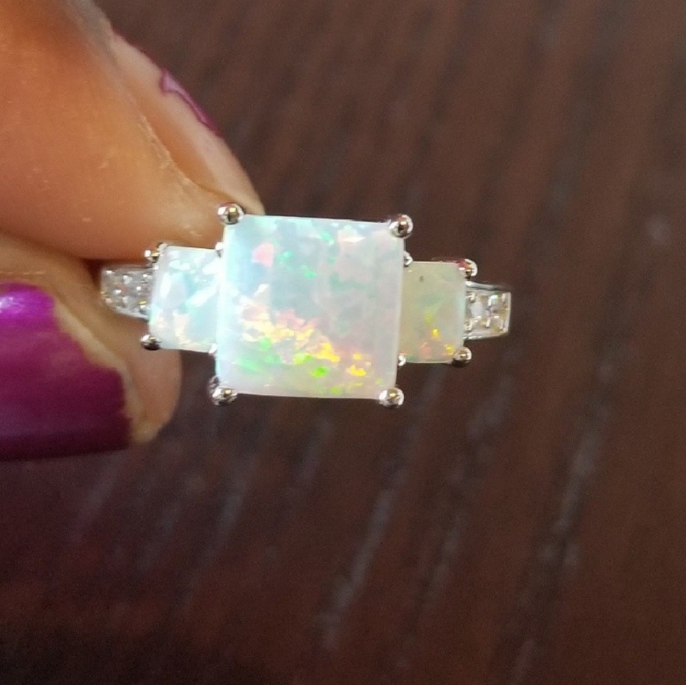 Sterling Silver White Lab Opal Square CZ Ring